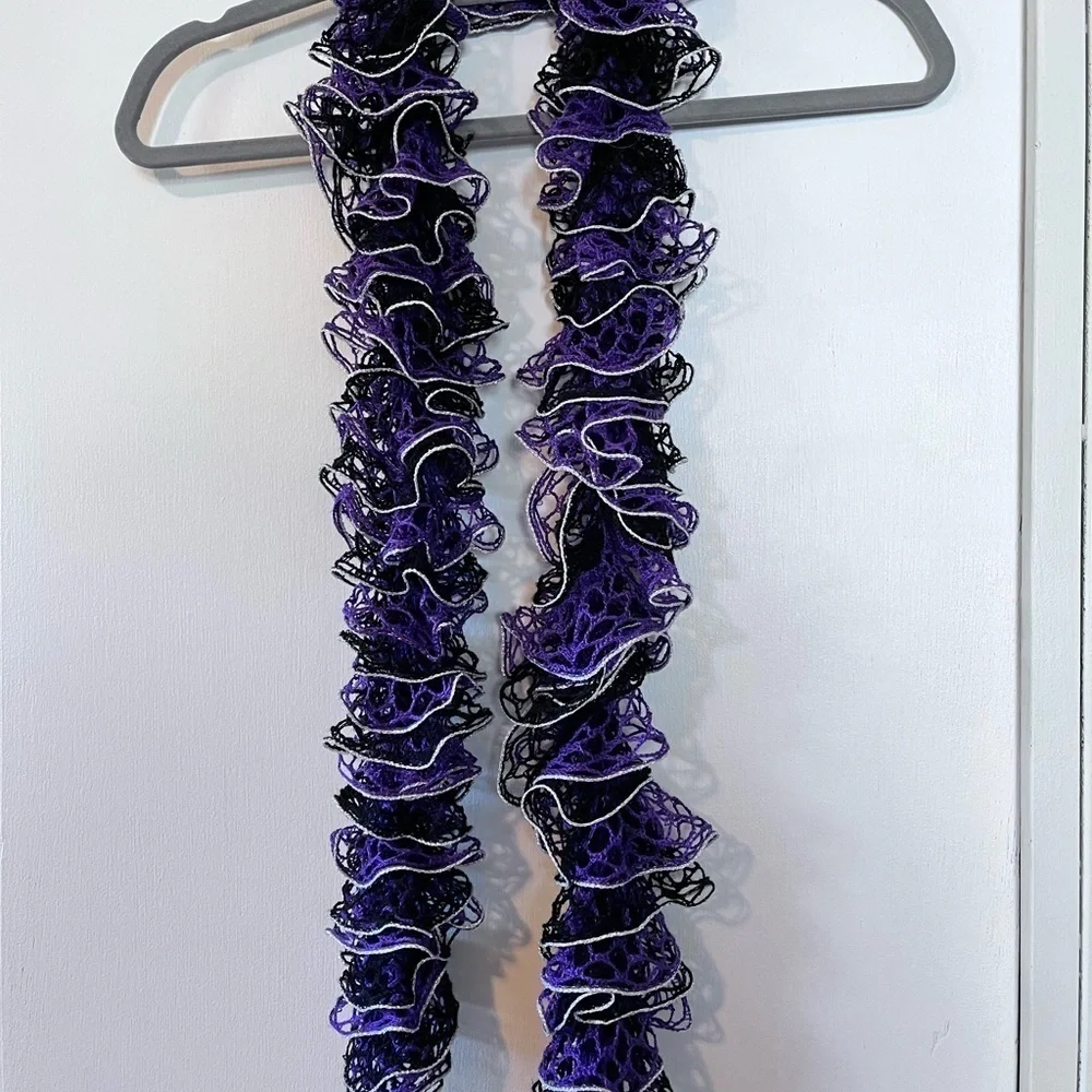 Hand Knitted Purple Silver and Black Ruffle Scarf Baltimore Ravens Team Colors